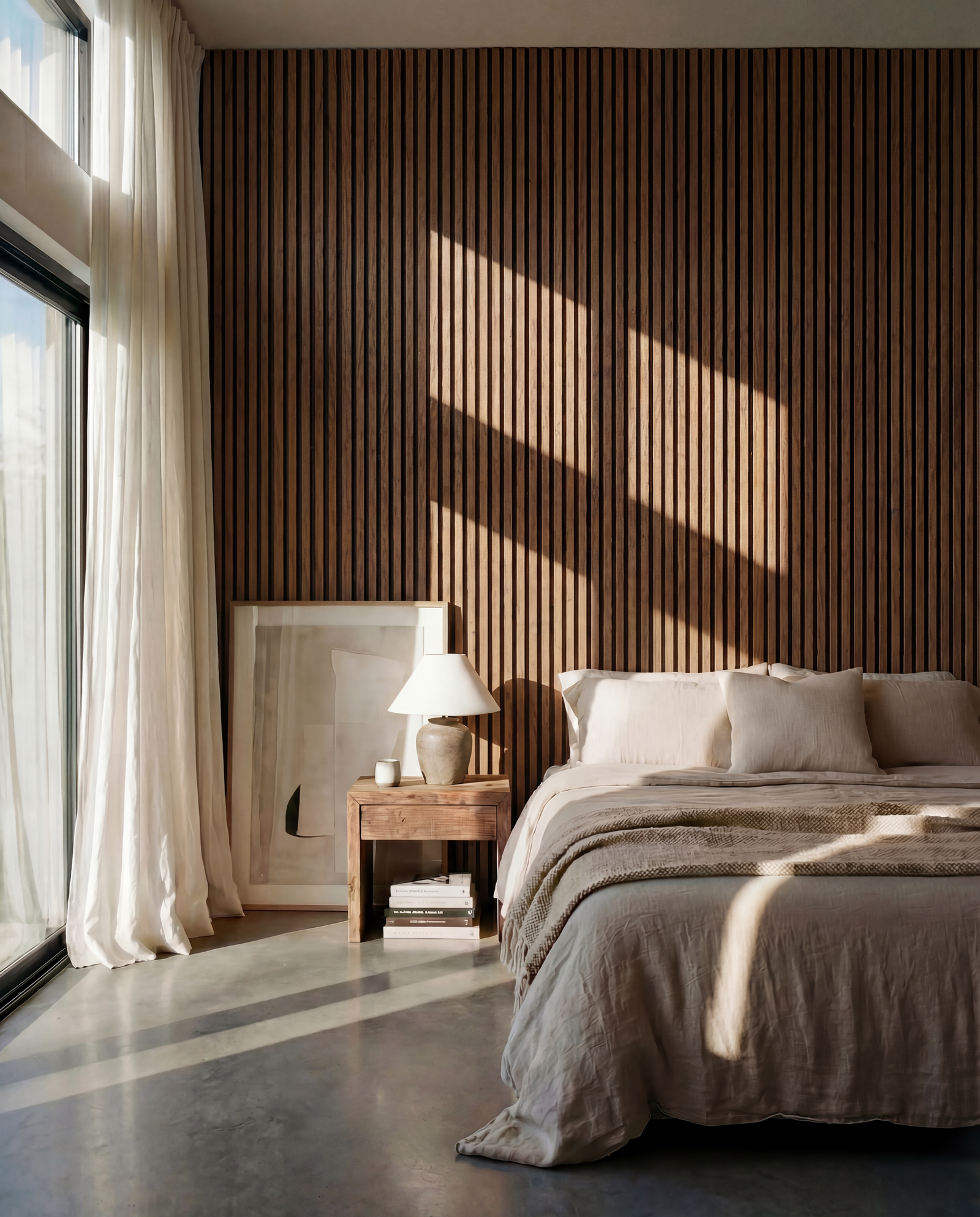 Sovrum med akustikpanel i teak från Wood on Wall.